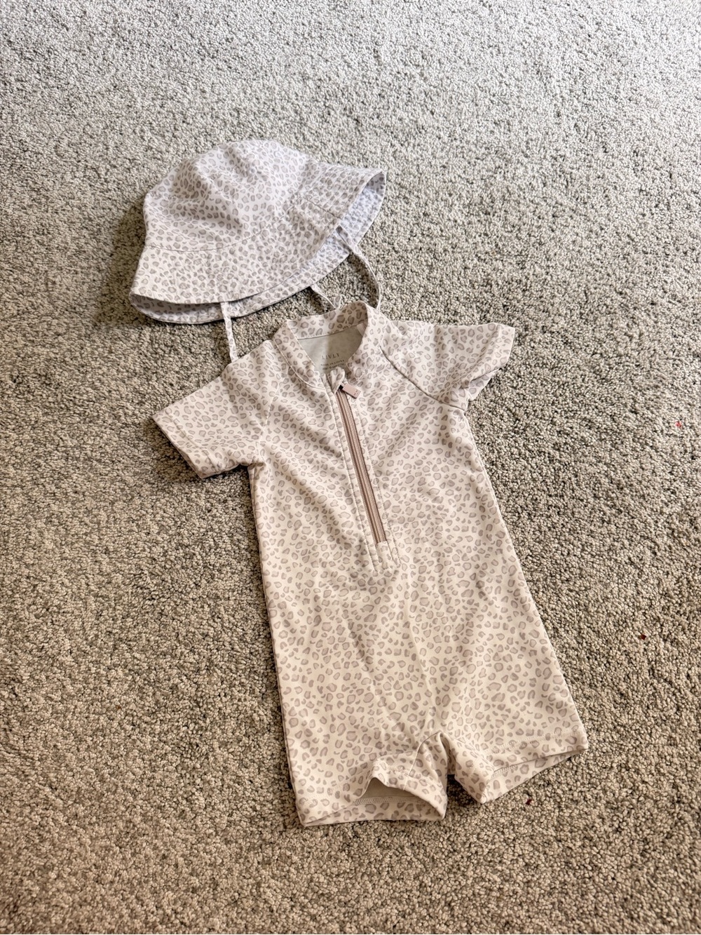 Livly Kids Short-Sleeve One-Piece Swimsuit in Light Beige Leopard Print and hap